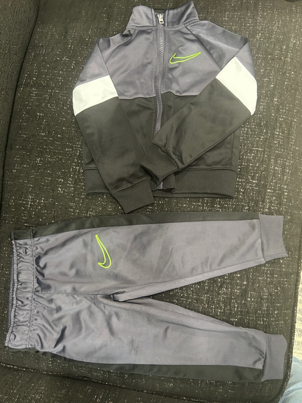 Nike Kids' Gray and Black Track Pants - Neon Green Swoosh